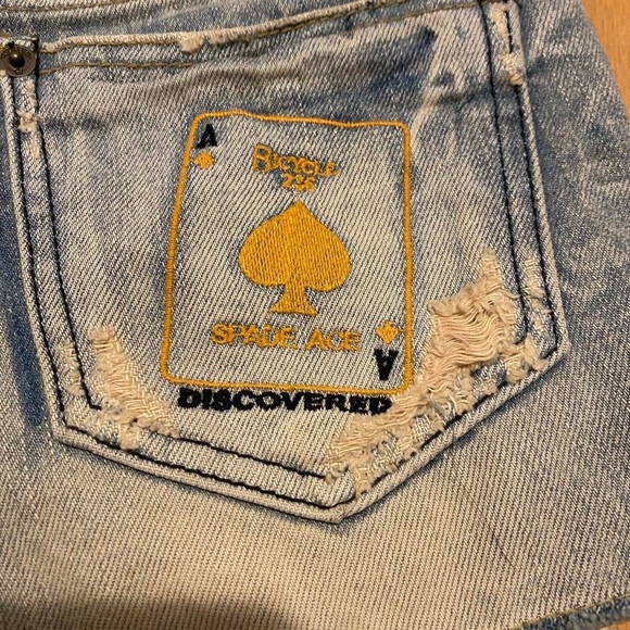 Women's distressed low rise mini jean shorts with unique embroidered design - Picture 3 of 12